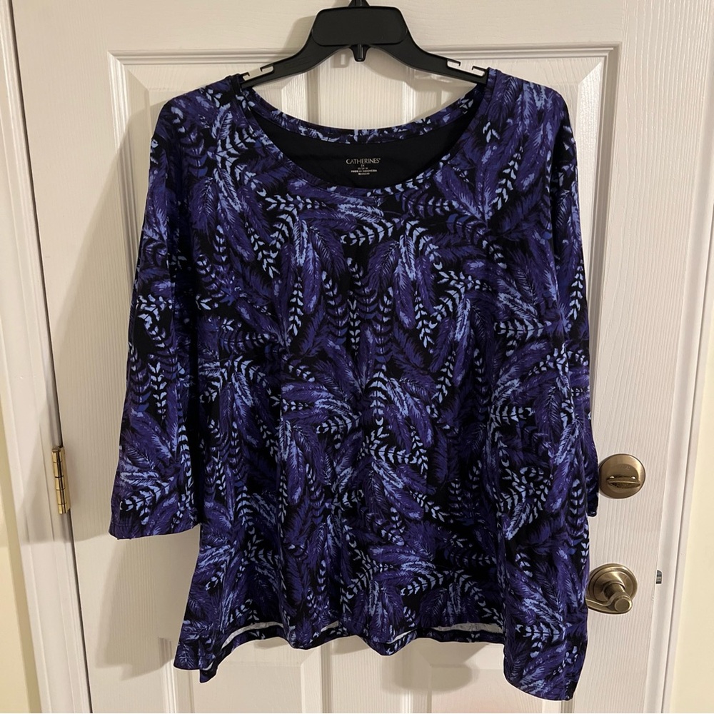 Catherines top plus size 3X purple black leaves 3/4 sleeve cotton spandex